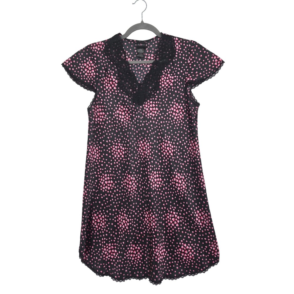 Secret Treasures Pink Heart Print Lace Trim Nightgown Black Satin Small Coquette